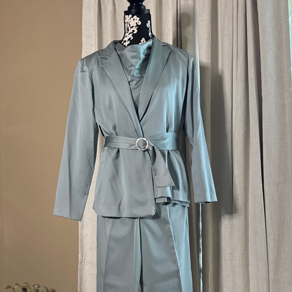 Vintage Elegant Gray Blue Women's Suit Set